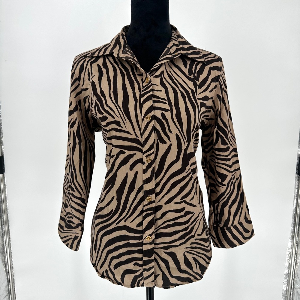 Chaps‎ Brown Zebra Animal Print Gold Button Up Blouse Cotton Women's Large